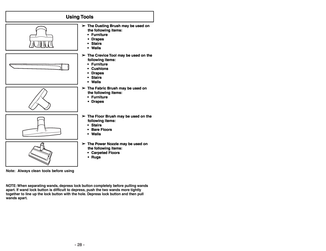 Panasonic MC-V9644 operating instructions Using Tools, Furniture Drapes Stairs Walls 