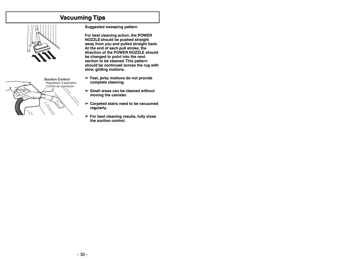 Panasonic MC-V9644 operating instructions Vacuuming Tips 