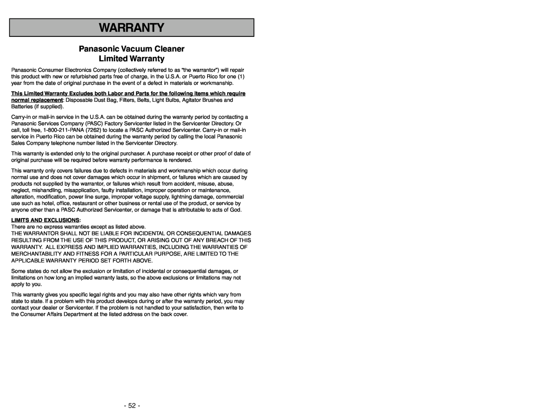 Panasonic MC-V9644 operating instructions Panasonic Vacuum Cleaner Limited Warranty 