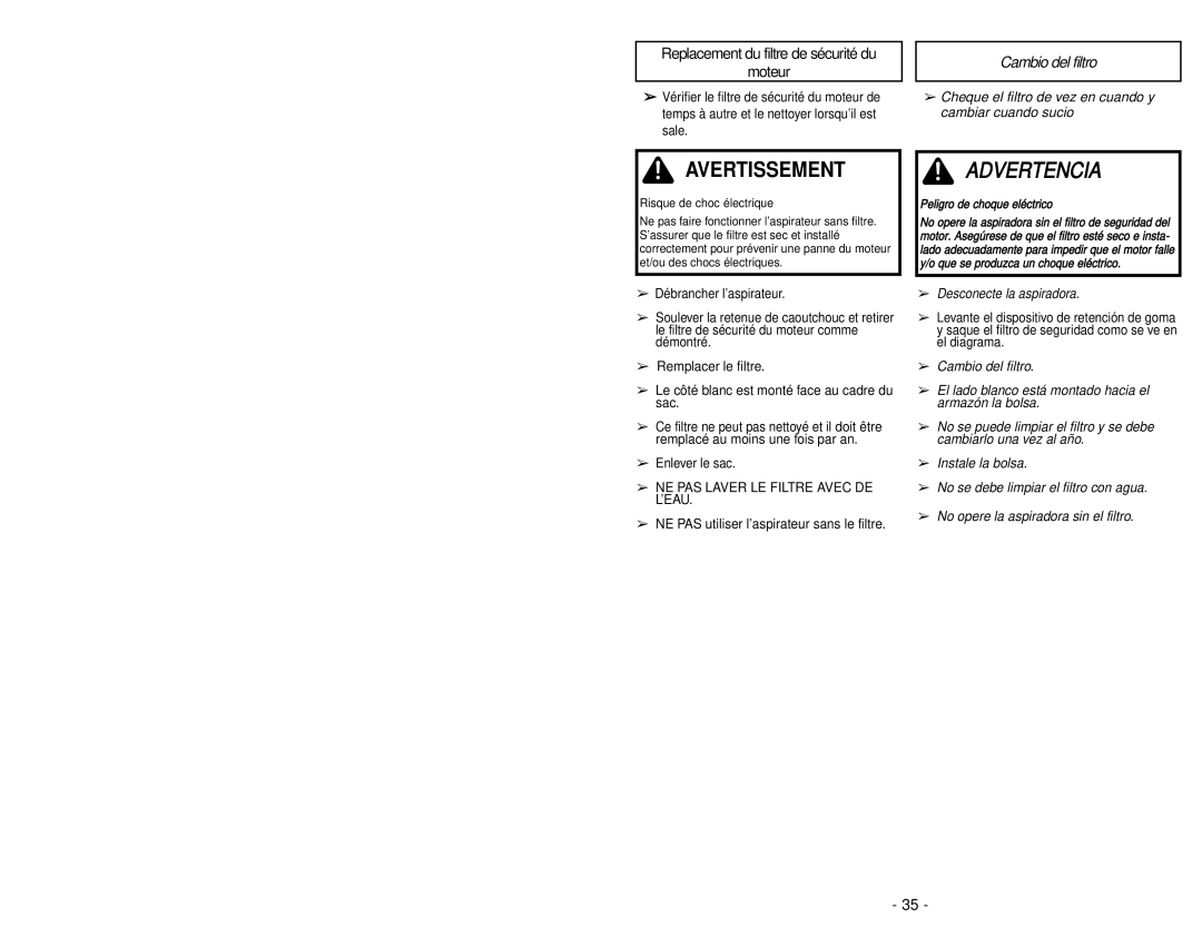 Panasonic MC-V9658 manuel dutilisation Replacement du filtre de sécurité du Moteur, Cambio del filtro 