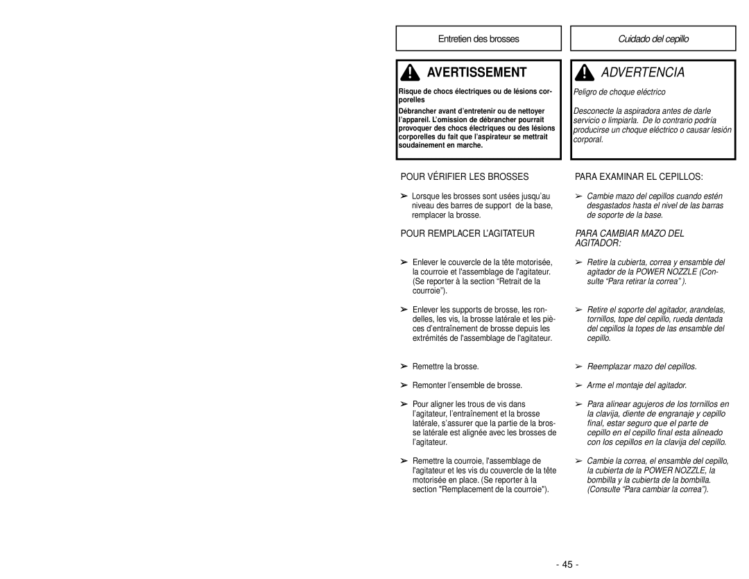 Panasonic MC-V9658 manuel dutilisation Entretien des brosses, Cuidado del cepillo 