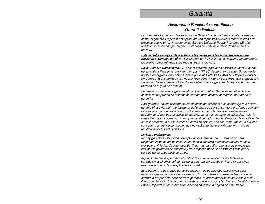 Panasonic MC-V9658 manuel dutilisation Aspiradoras Panasonic serie Platino Garantía limitada 