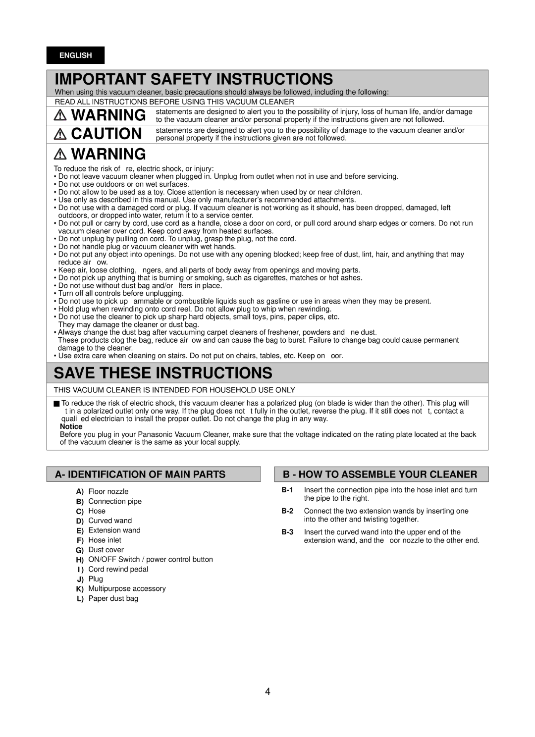 Panasonic Mccg381 Important Safety Instructions, Identification of Main Parts, HOW to Assemble Your Cleaner 