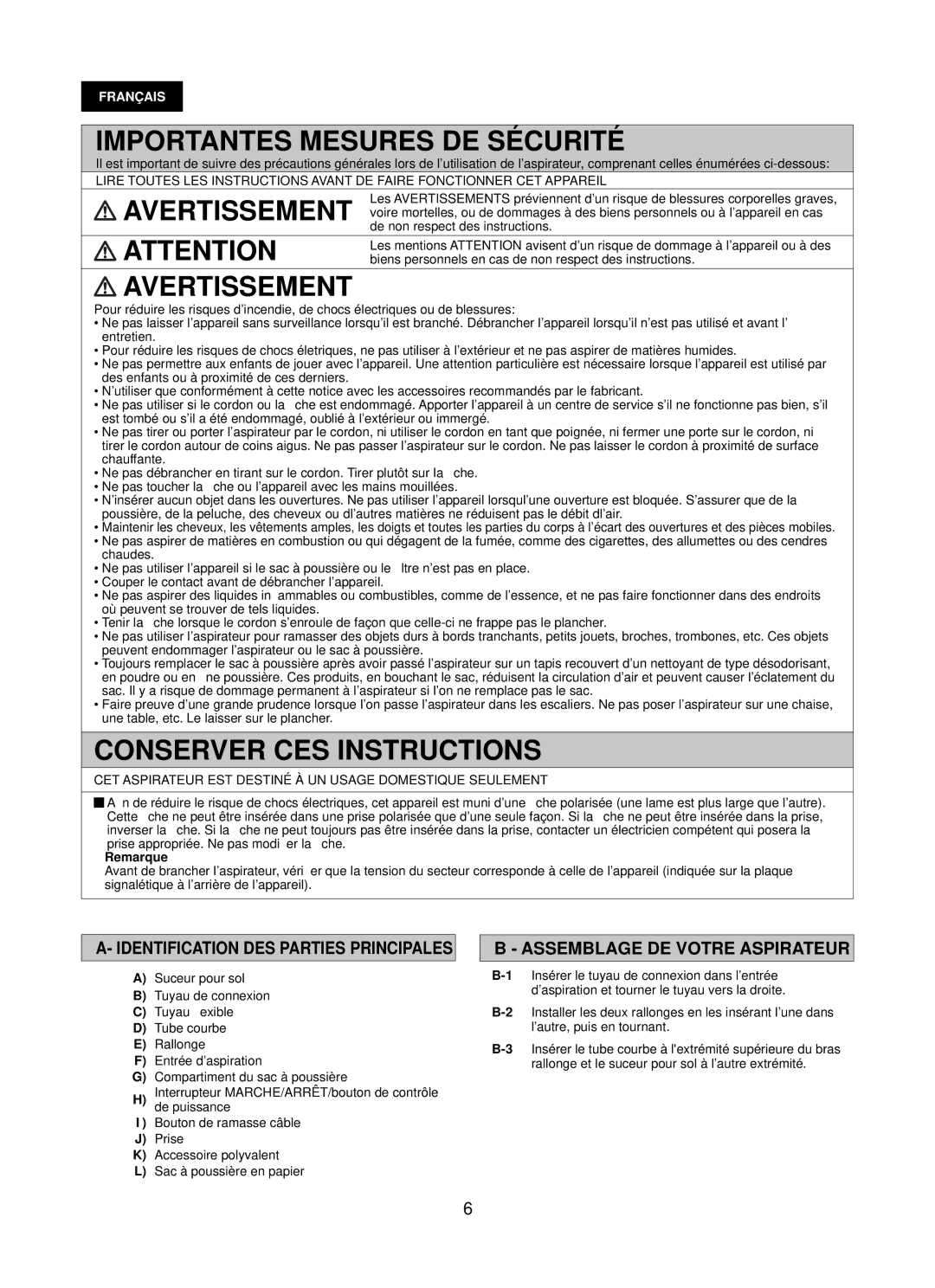 Panasonic Mccg381 Importantes Mesures DE Sécurité, Avertissement, Conserver CES Instructions, Remarque 