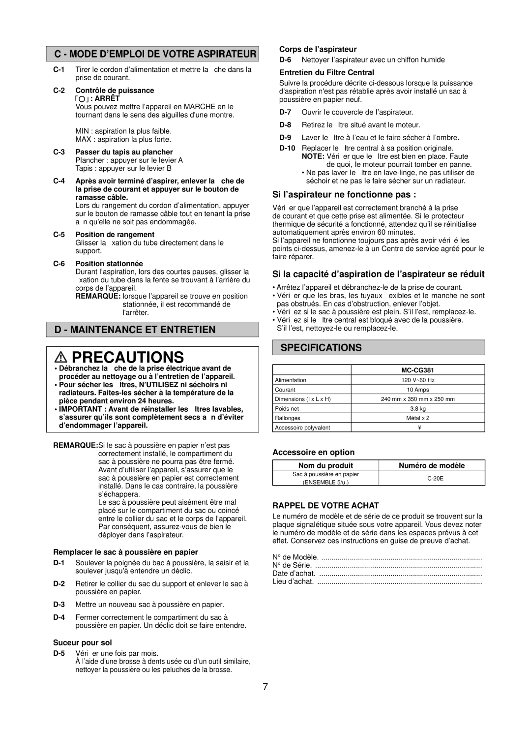 Panasonic Mccg381 operating instructions Precautions, Mode D’EMPLOI DE Votre Aspirateur, Maintenance ET Entretien 