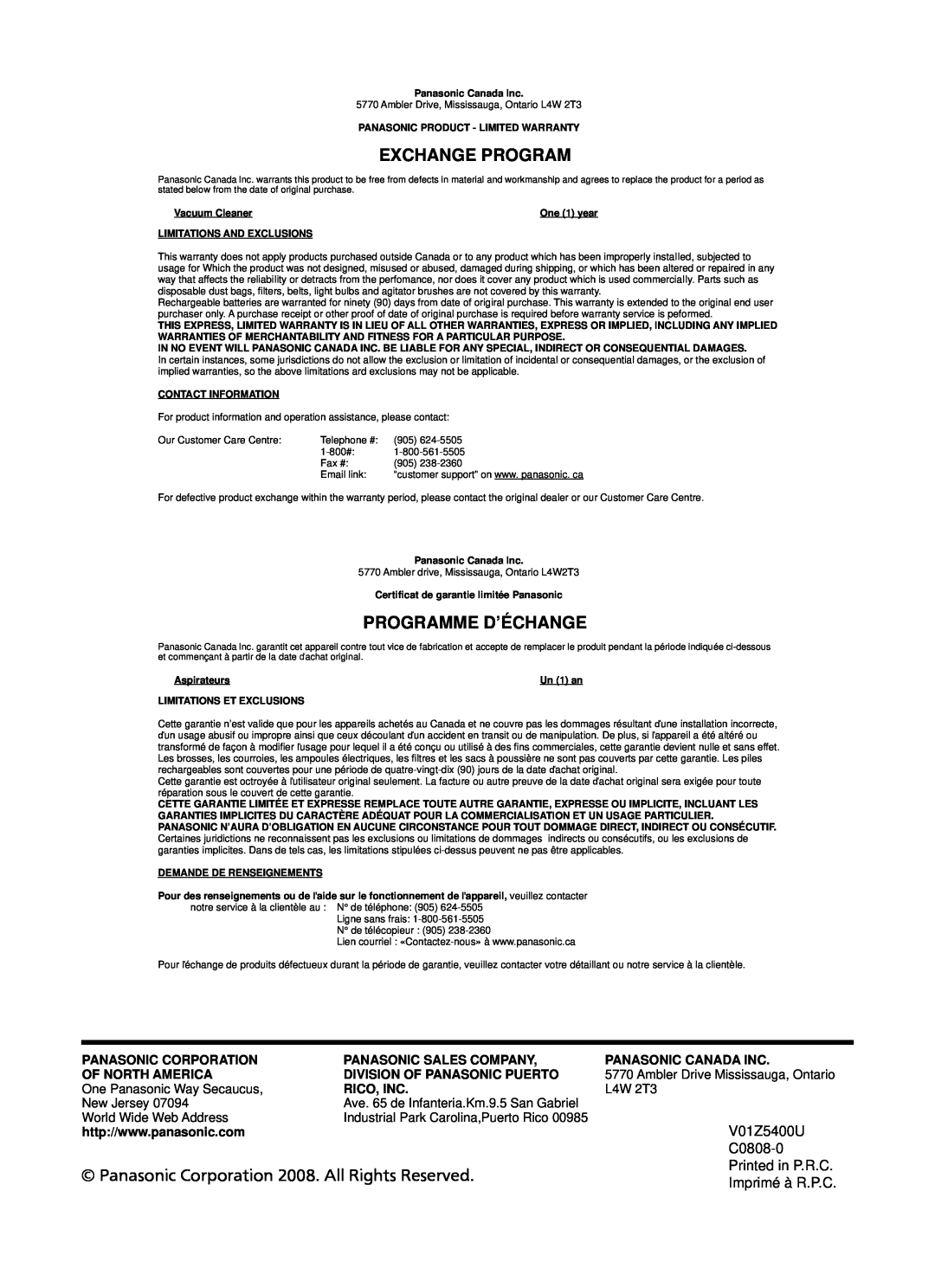 Panasonic Mccg381 Exchange Program, Programme D’Échange, Panasonic Corporation 2008. All Rights Reserved, Imprimé à R.P.C 