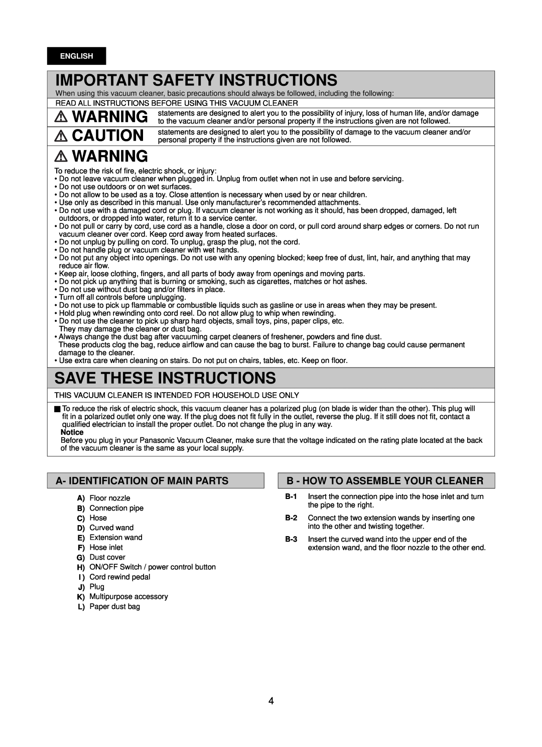 Panasonic Mccg381 Important Safety Instructions, Save These Instructions, A- Identification Of Main Parts, English 