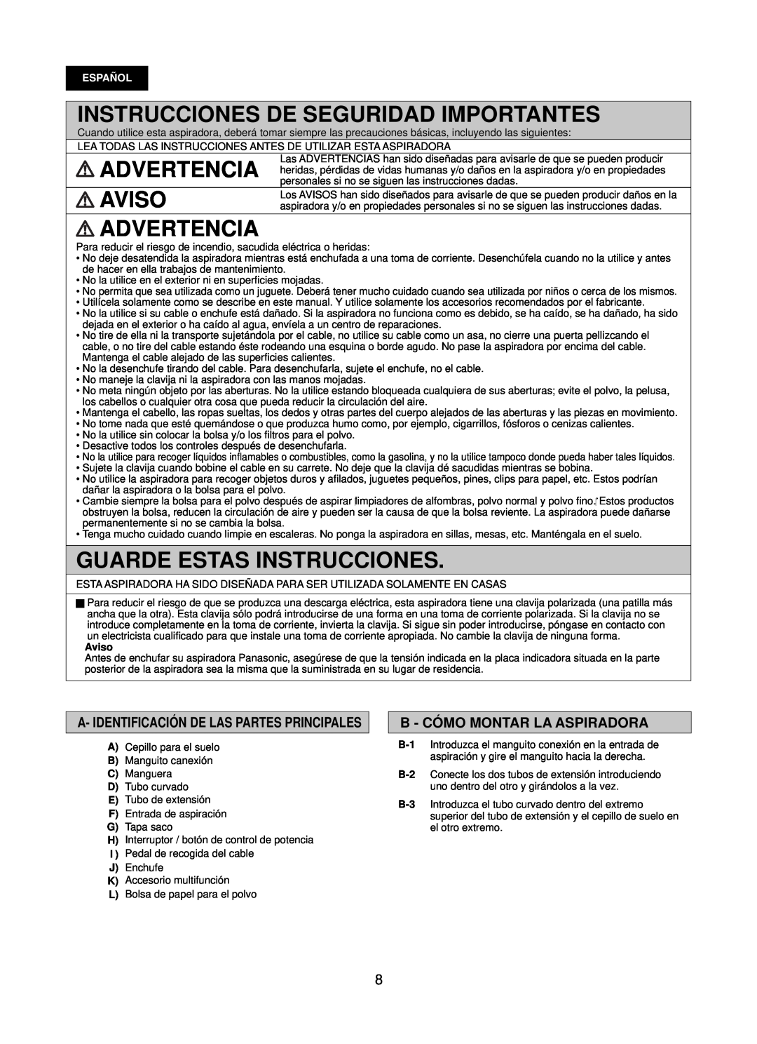 Panasonic Mccg381 Instrucciones De Seguridad Importantes, Advertencia, Aviso, Guarde Estas Instrucciones, Español 