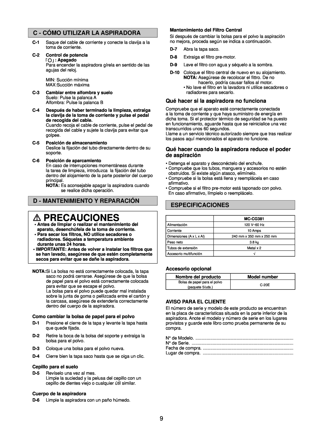 Panasonic Mccg381 Precauciones, C - Cómo Utilizar La Aspiradora, D - Mantenimiento Y Reparación, Especificaciones 