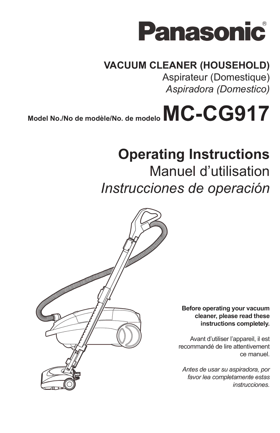 Panasonic MCCG917 manuel dutilisation Operating Instructions, Vacuum Cleaner Household 