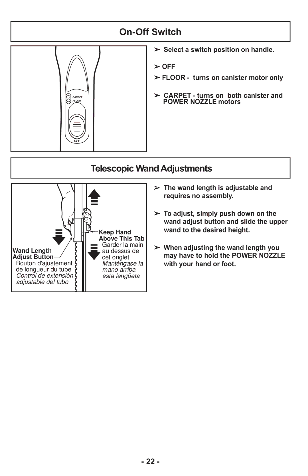 Panasonic MCCG917 manuel dutilisation On-Off Switch, Telescopic Wand Adjustments, Select a switch position on handle 