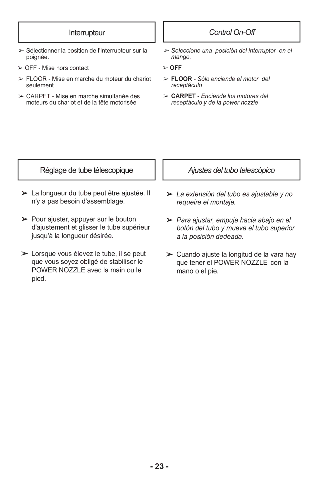 Panasonic MCCG917 manuel dutilisation Control On-Off, Ajustes del tubo telescópico 