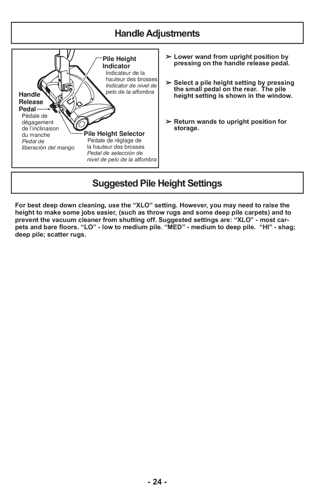 Panasonic MCCG917 manuel dutilisation Handle Adjustments, Suggested Pile Height Settings 