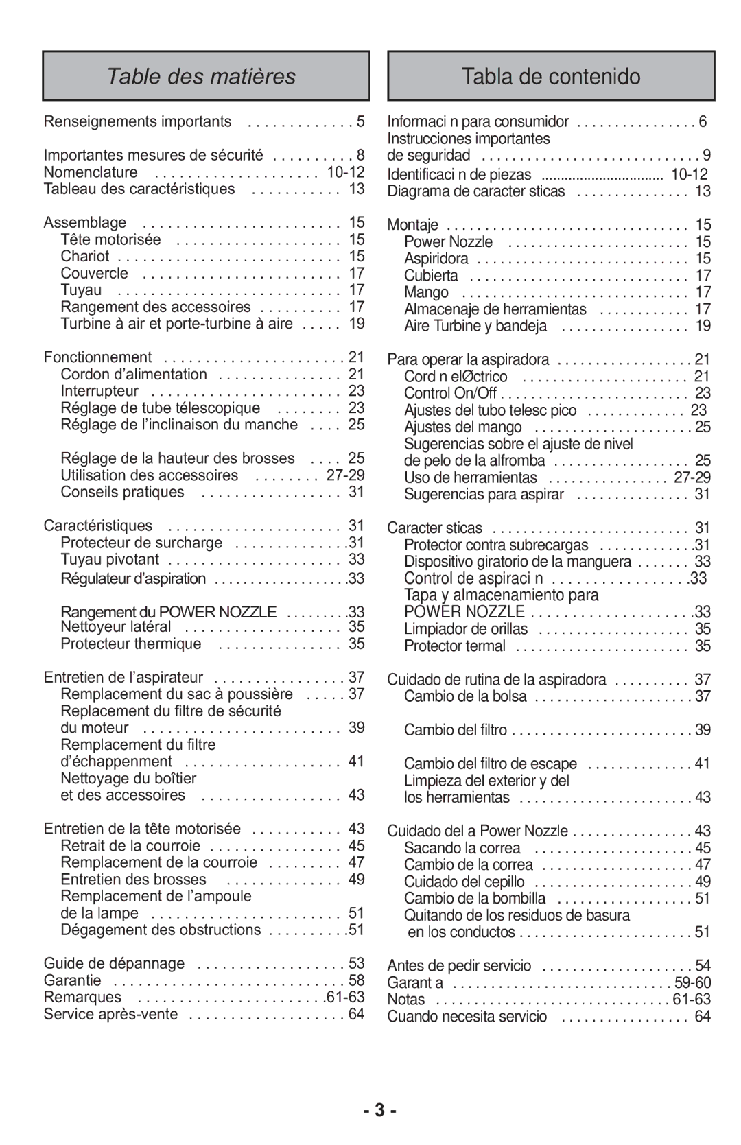 Panasonic MCCG917 manuel dutilisation Table des matières, Tabla de contenido 