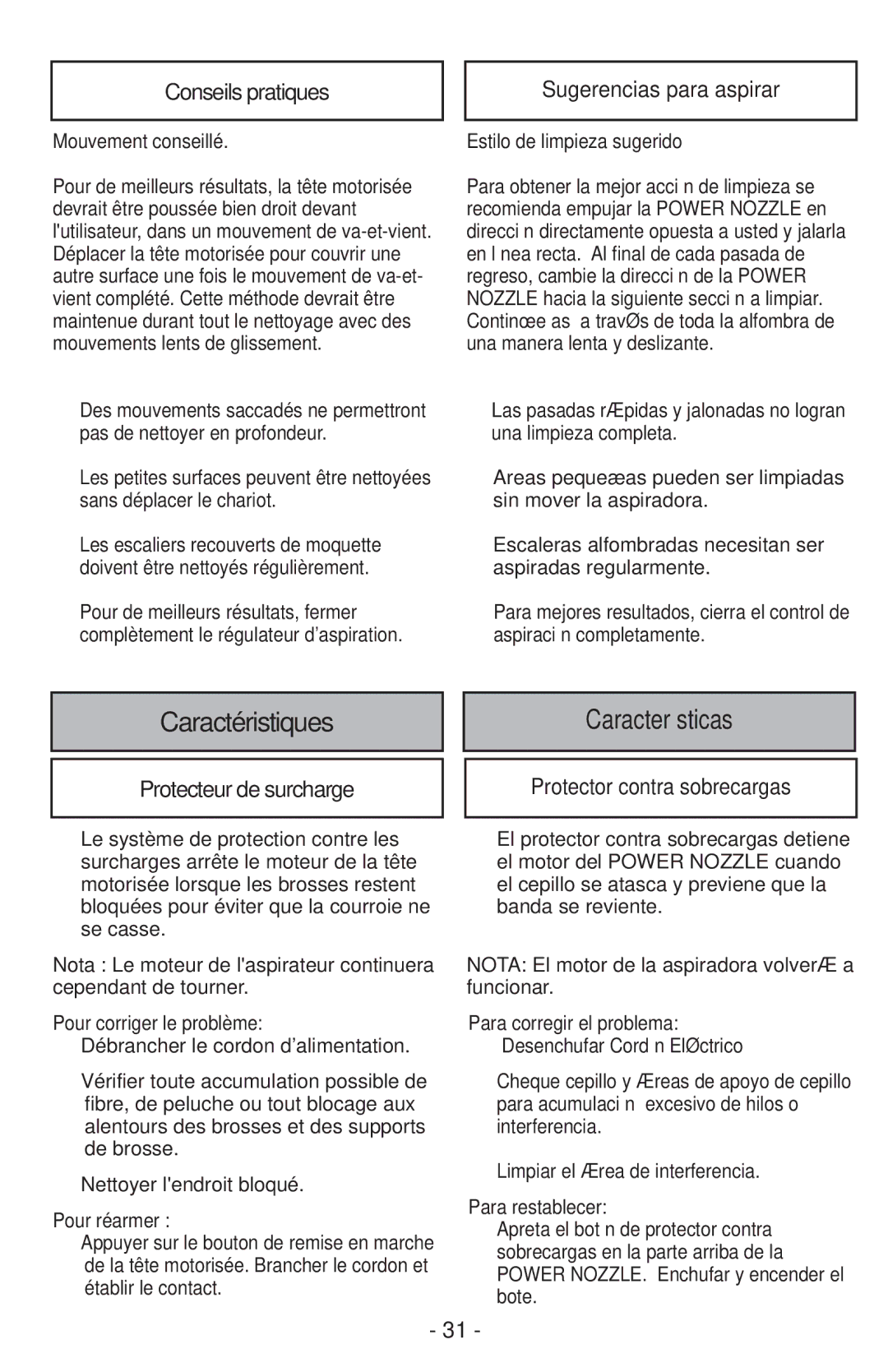 Panasonic MCCG917 manuel dutilisation Características, Sugerencias para aspirar, Protector contra sobrecargas 