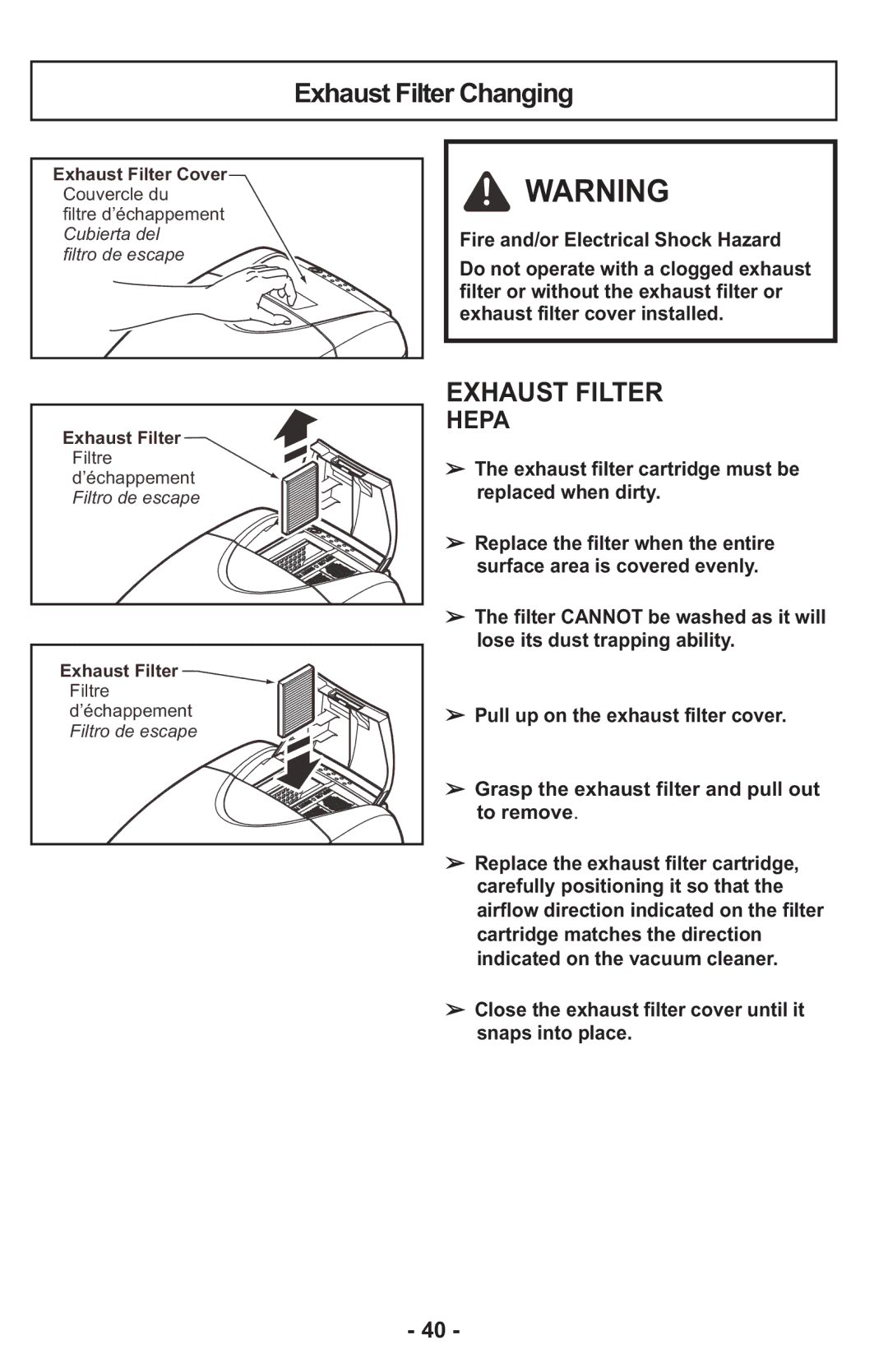 Panasonic MCCG917 manuel dutilisation Exhaust Filter Changing, Exhaust filter cartridge must be replaced when dirty 