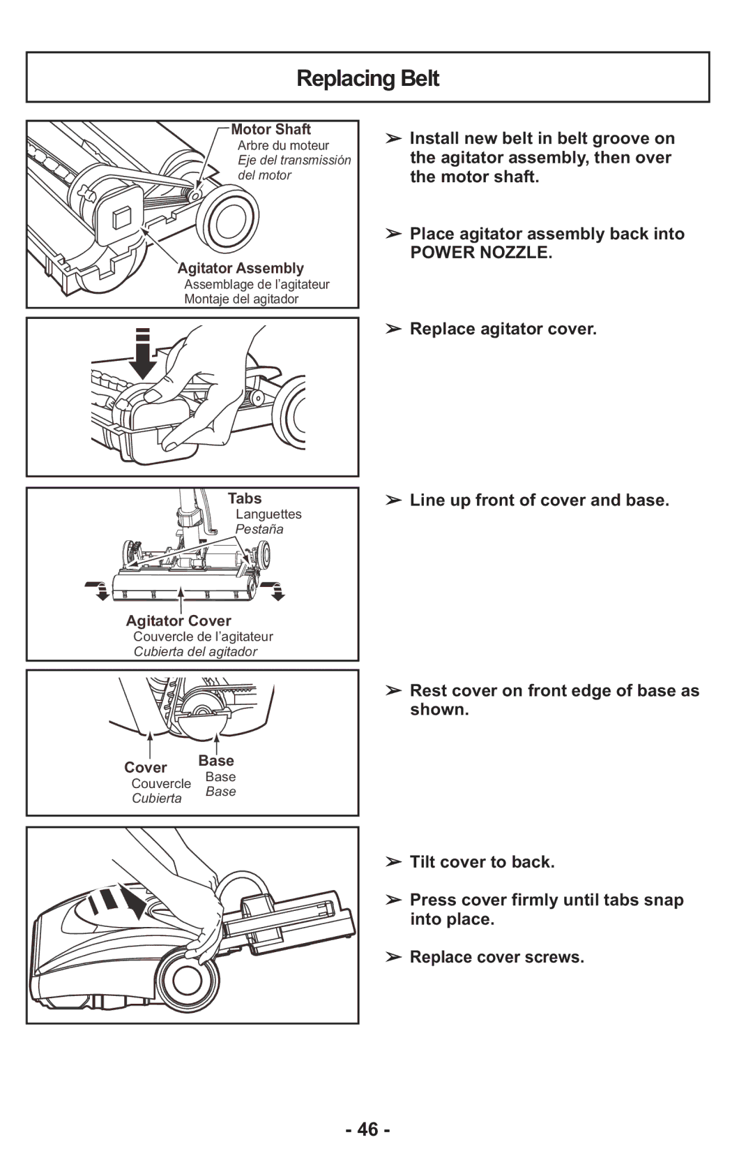 Panasonic MCCG917 manuel dutilisation Replacing Belt, Replace agitator cover Line up front of cover and base 