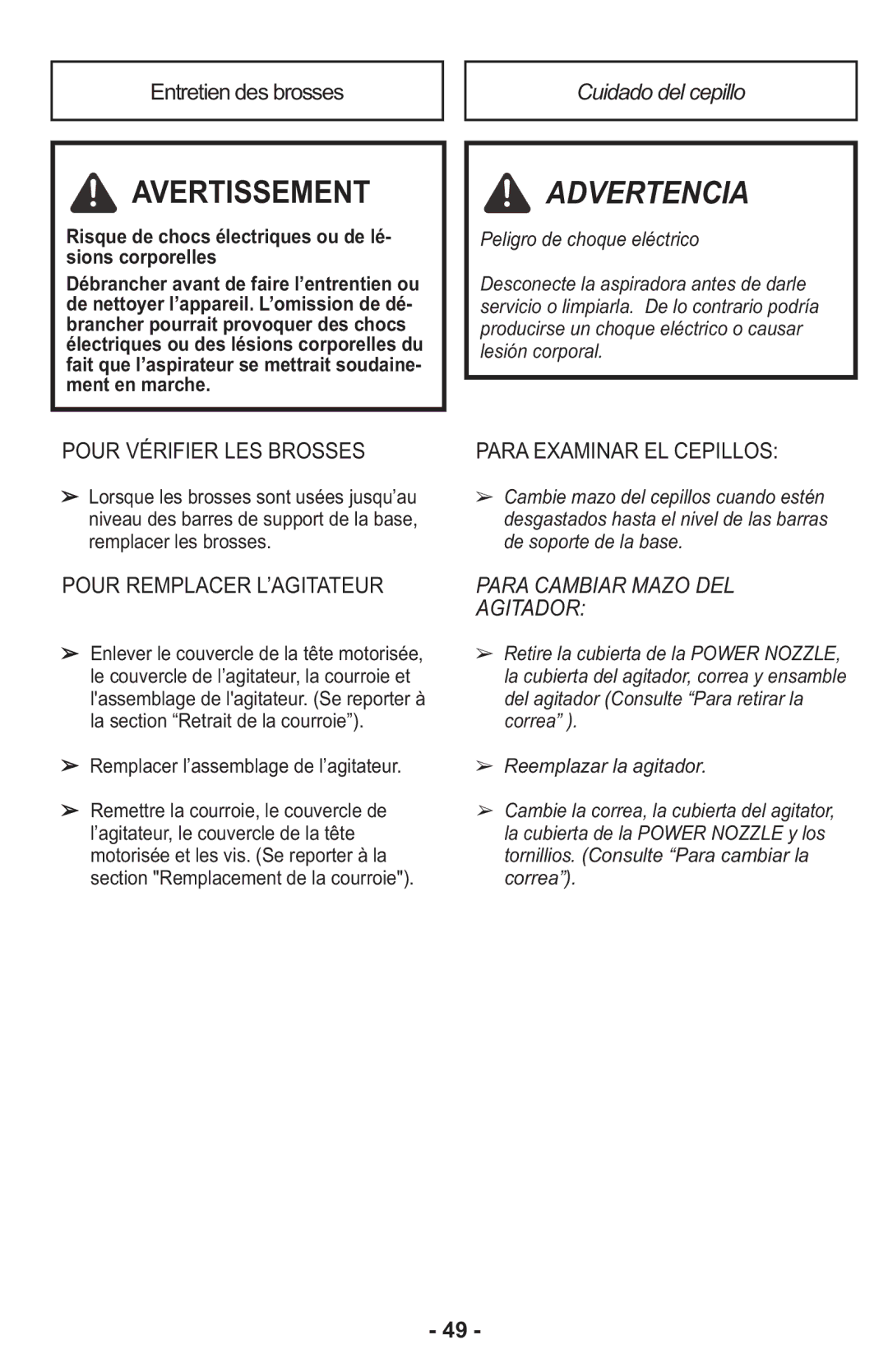 Panasonic MCCG917 manuel dutilisation Cuidado del cepillo, Pour Vérifier LES Brosses 