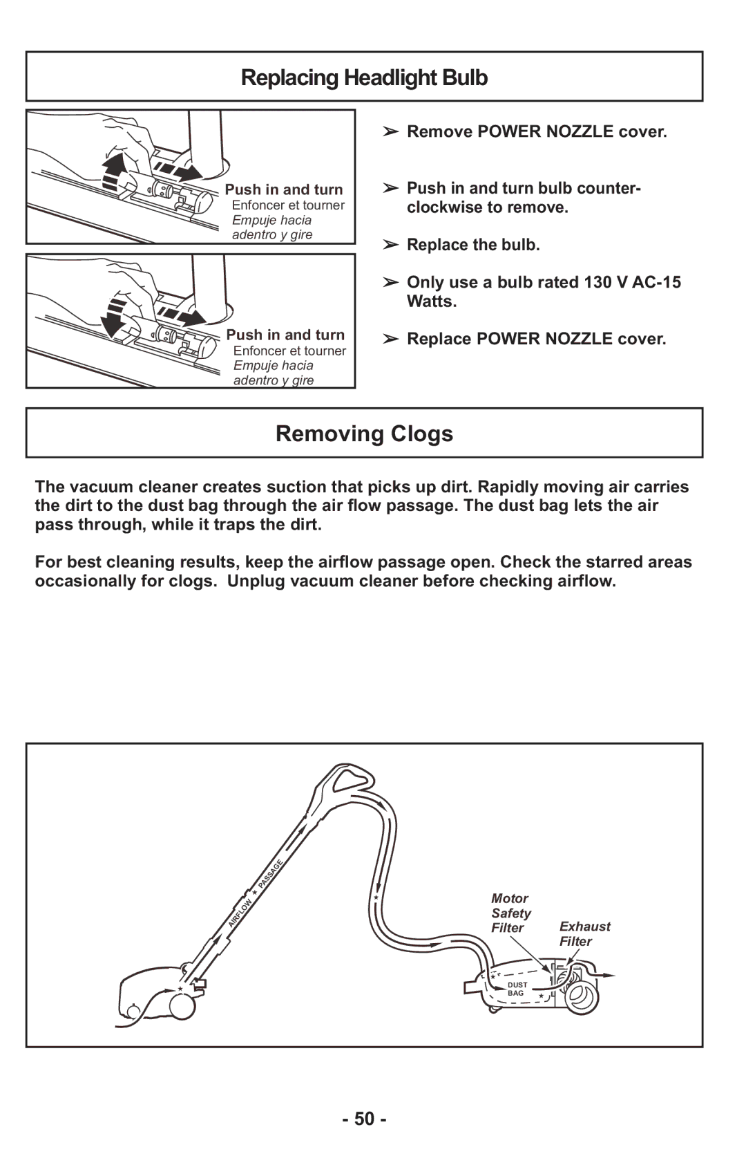 Panasonic MCCG917 manuel dutilisation Replacing Headlight Bulb, Removing Clogs 