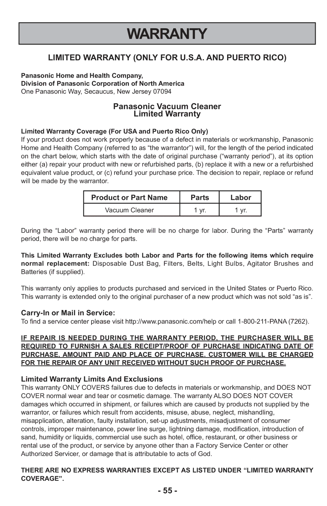 Panasonic MCCG917 Product or Part Name Parts Labor, Carry-In or Mail in Service, Limited Warranty Limits And Exclusions 