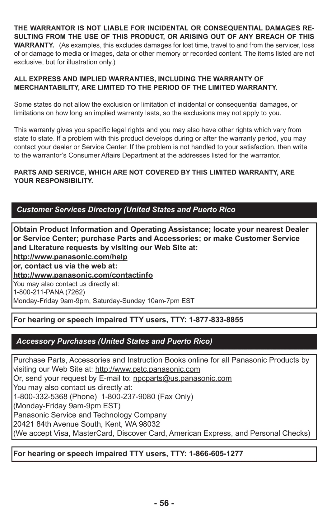 Panasonic MCCG917 Customer Services Directory United States and Puerto Rico, For hearing or speech impaired TTY users, TTY 