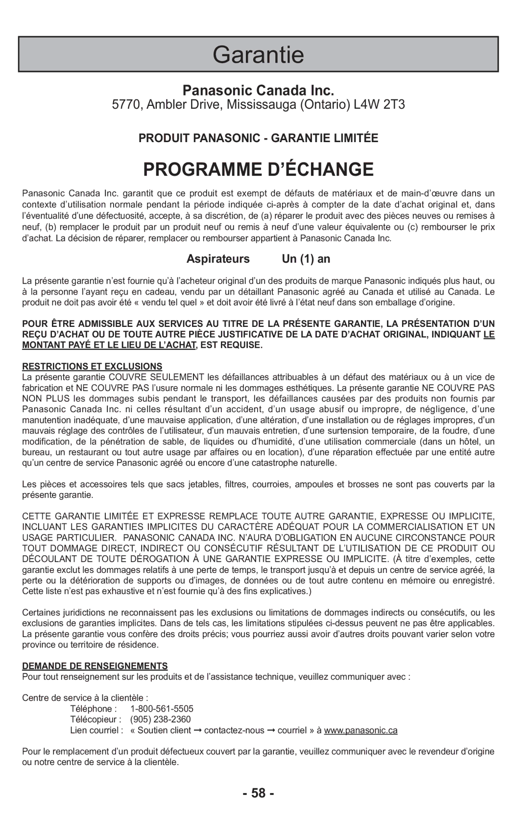 Panasonic MCCG917 manuel dutilisation Programme D’ÉCHANGE, Aspirateurs 