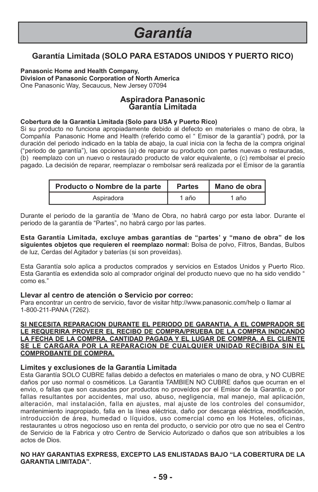 Panasonic MCCG917 Producto o Nombre de la parte Partes Mano de obra, Llevar al centro de atención o Servicio por correo 