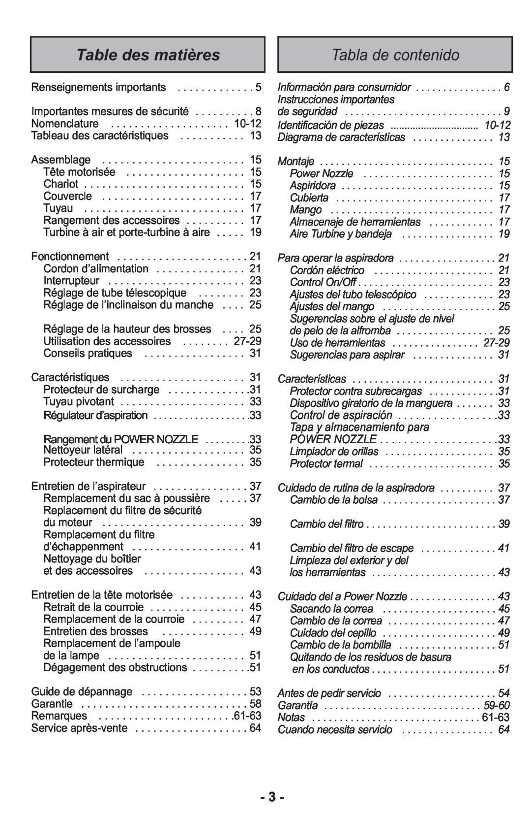 Panasonic MCCG917 manuel dutilisation Table des matières, Tabla de contenido 