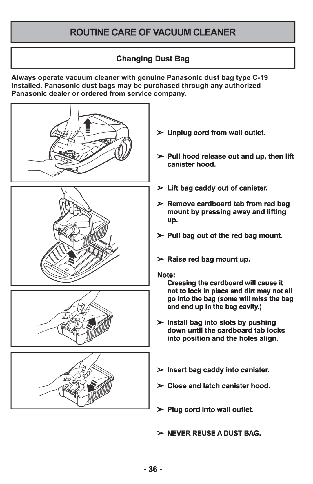 Panasonic MCCG917 manuel dutilisation Routine Care Of Vacuum Cleaner, Changing Dust Bag 