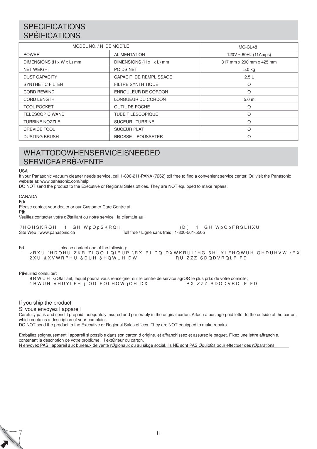 Panasonic Mccl485 Specifications Spécifications, What to do When Service is Needed Service APRÈS-VENTE, Usa, Canada 