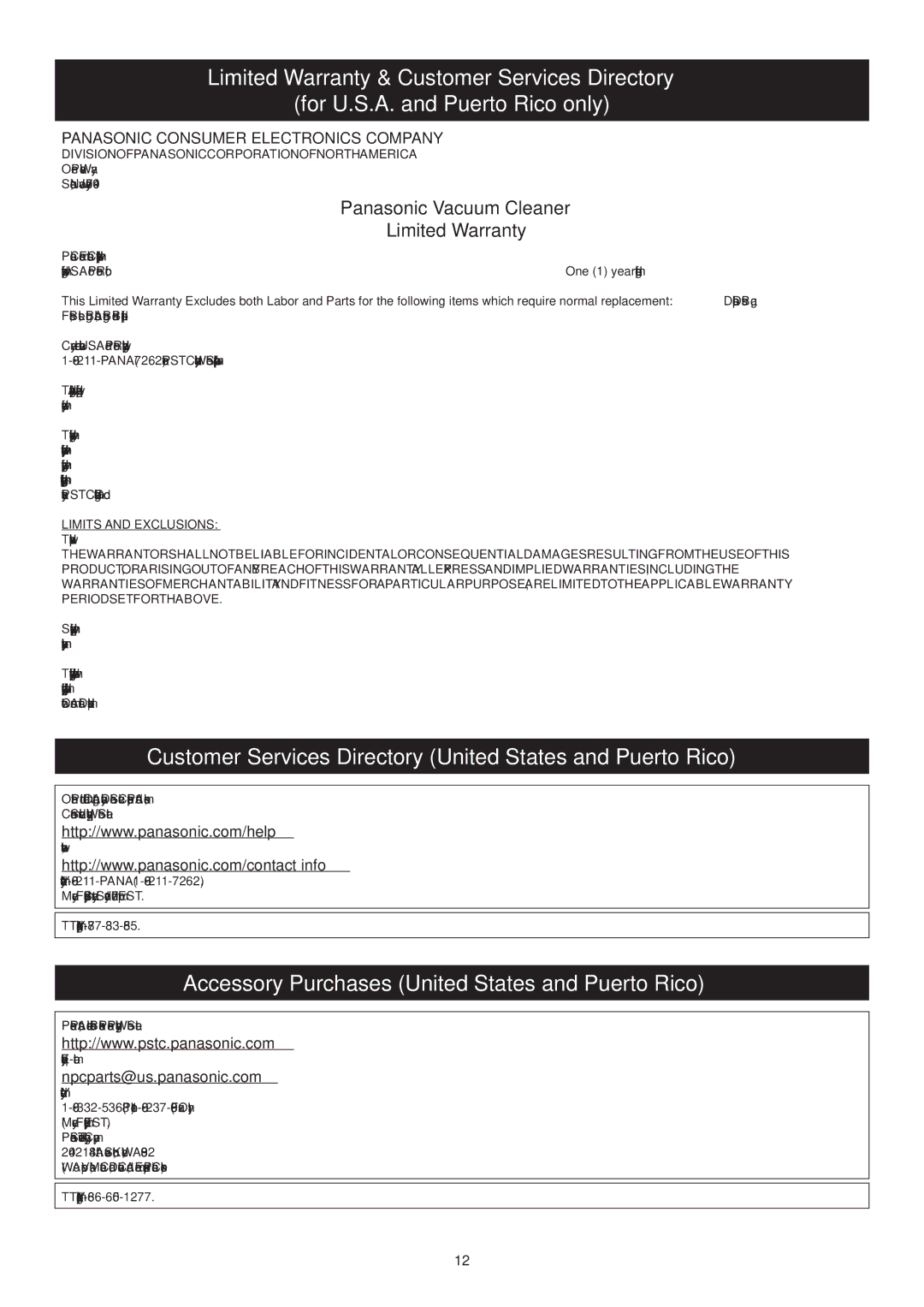 Panasonic Mccl485 manuel dutilisation Panasonic Vacuum Cleaner Limited Warranty, Limits and Exclusions 