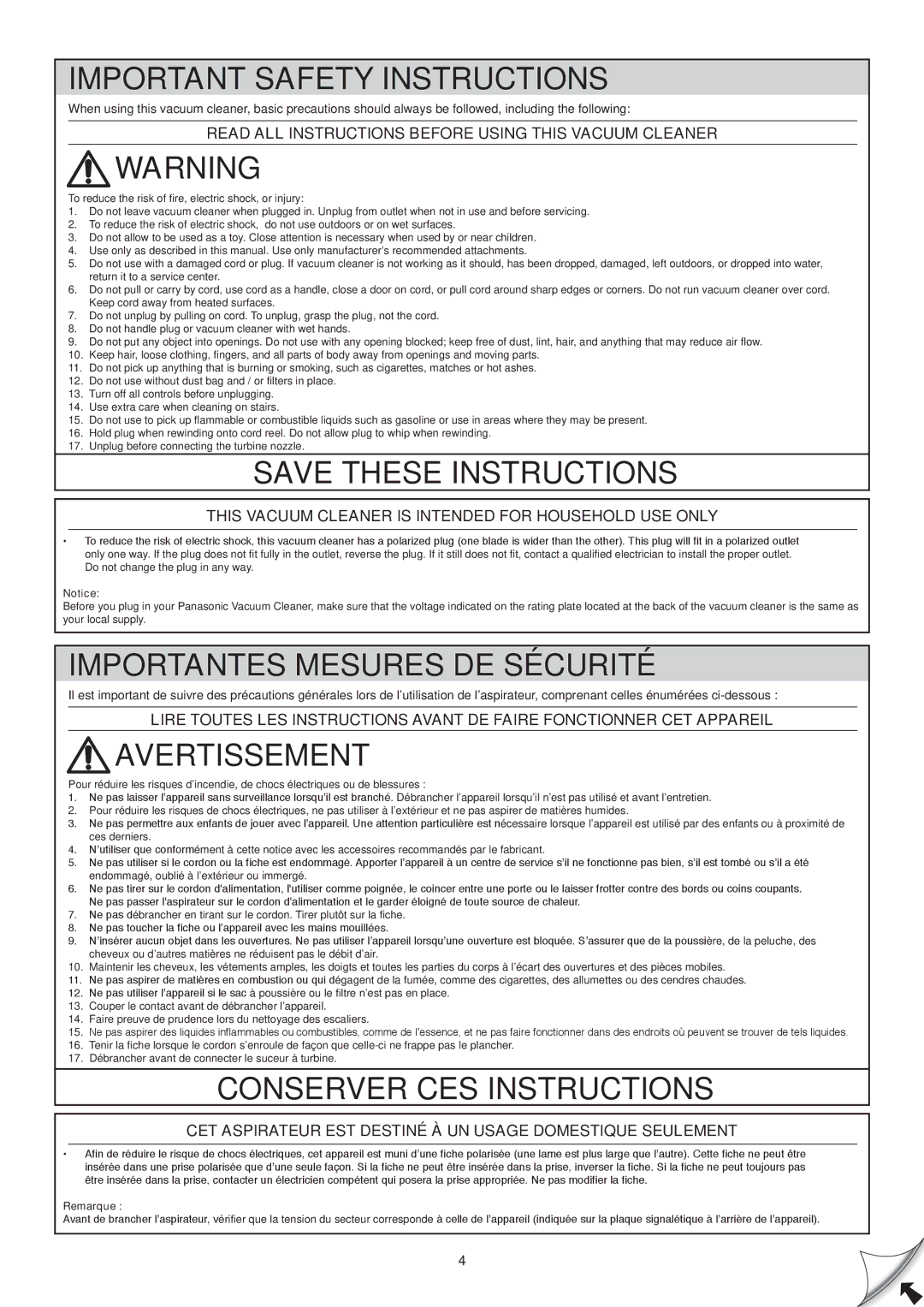 Panasonic Mccl485 manuel dutilisation Important Safety Instructions 