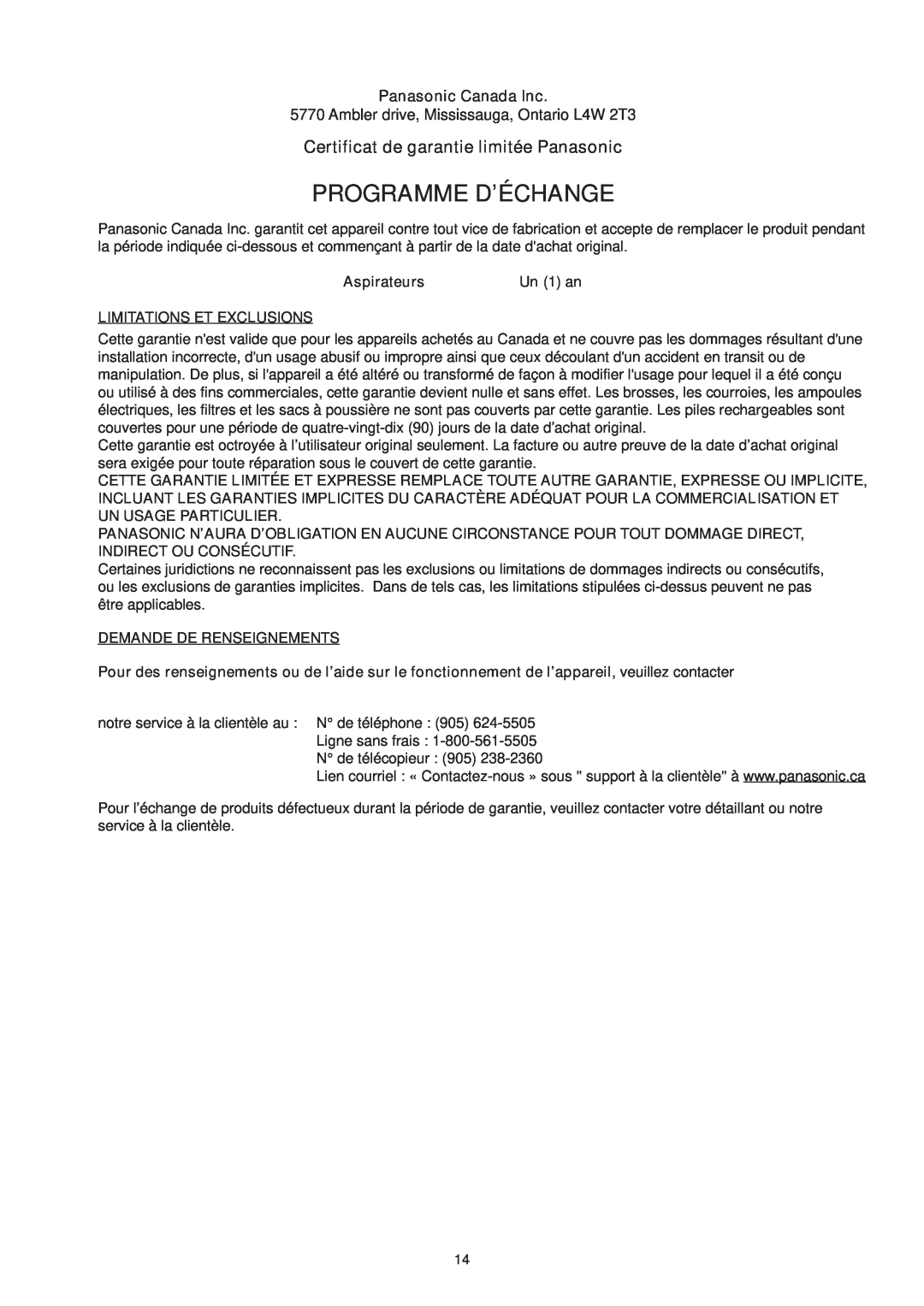 Panasonic Mccl485 manuel dutilisation Programme D’Échange, Certificat de garantie limitée Panasonic 