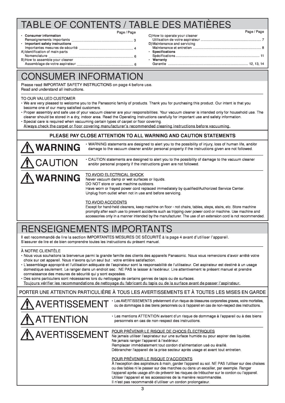 Panasonic Mccl485 Table Of Contents / Table Des Matières, Consumer Information, Renseignements Importants, Avertissement 