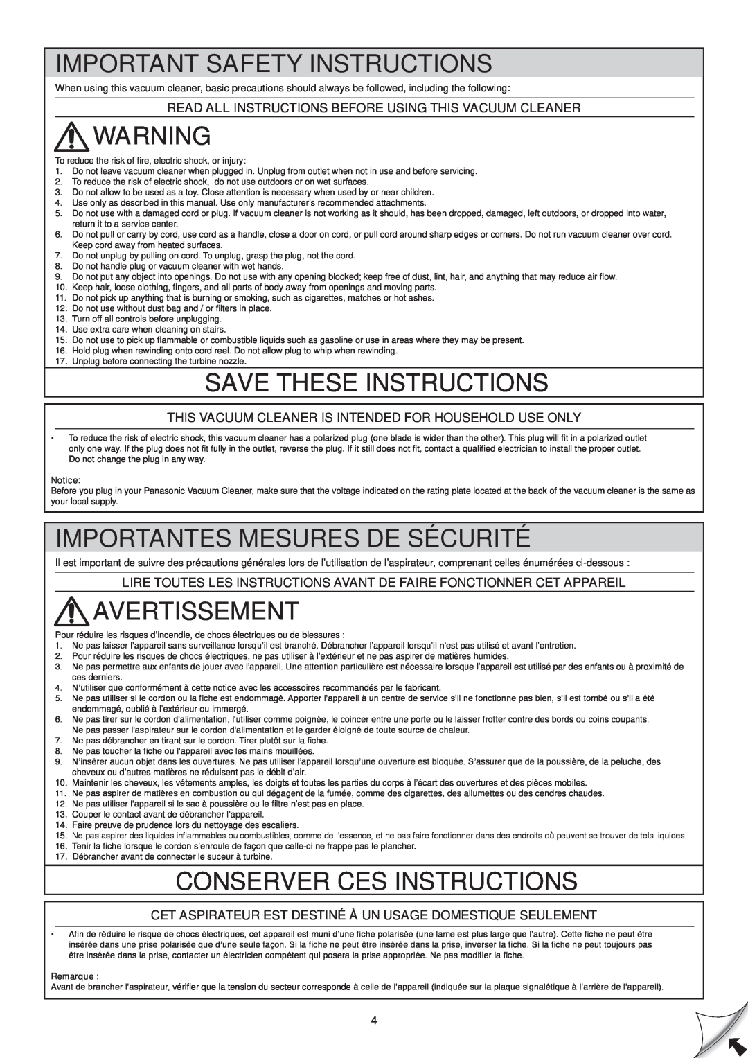 Panasonic Mccl485 Important Safety Instructions, Save These Instructions, Importantes Mesures De Sécurité, Avertissement 