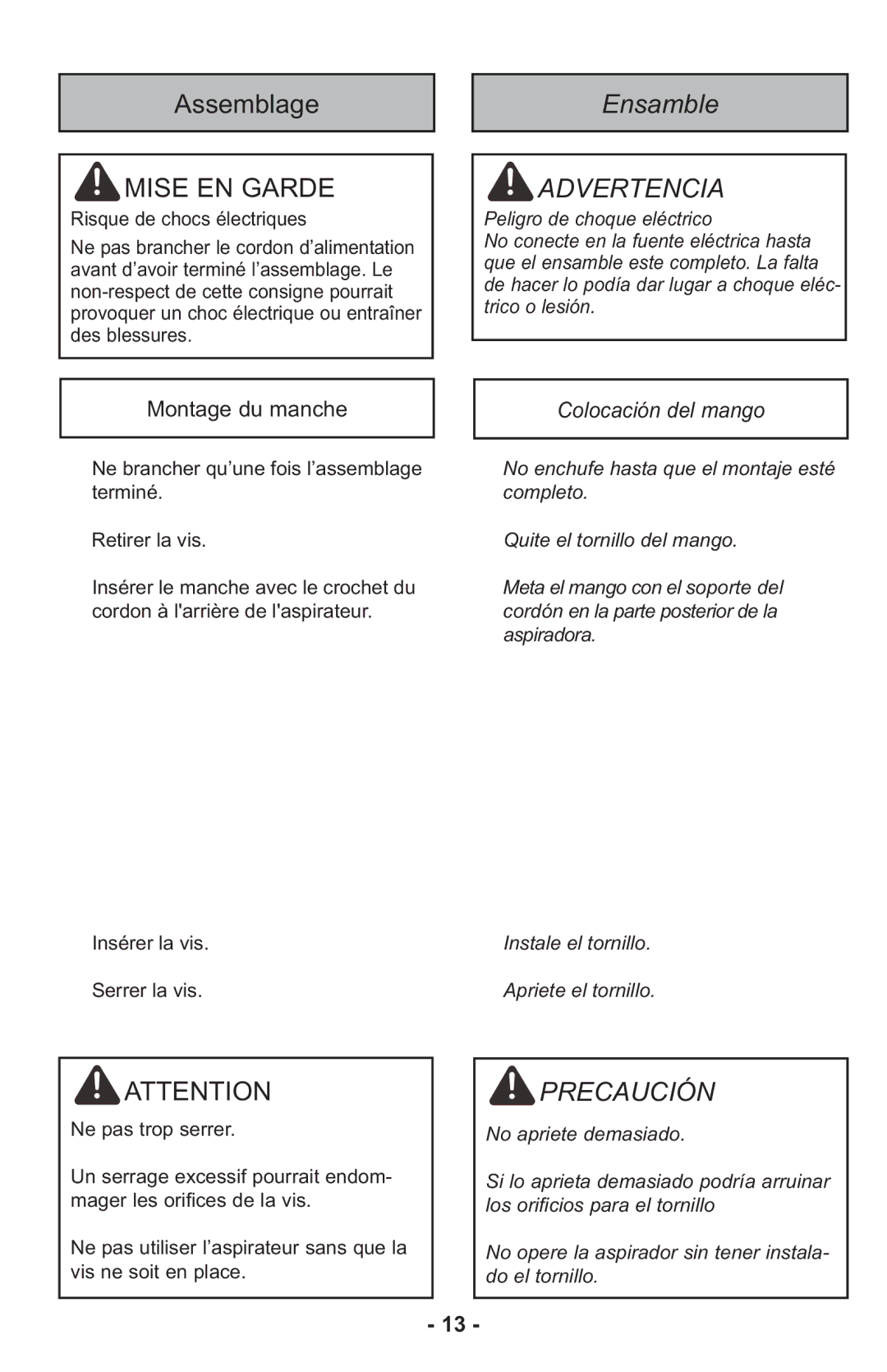 Panasonic MCUL815 operating instructions Montage du manche, Colocación del mango 