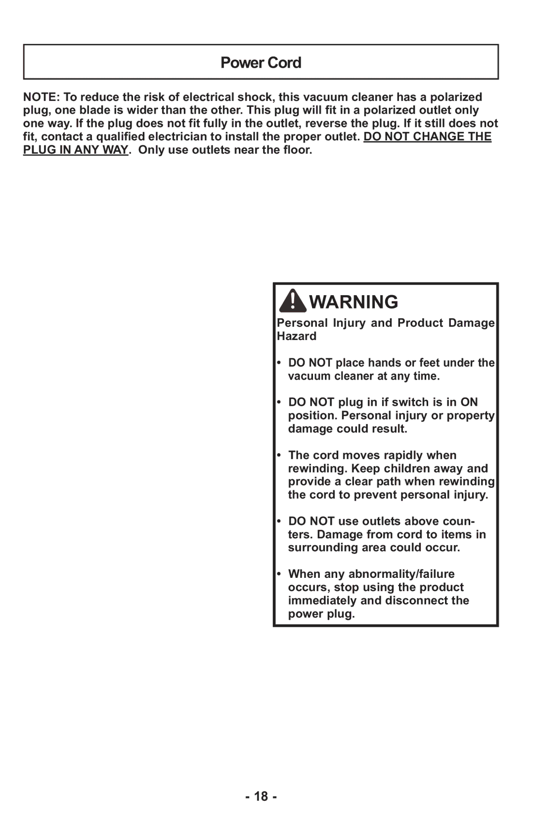 Panasonic MCUL815 operating instructions Power Cord 