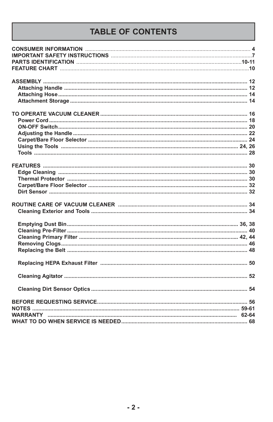 Panasonic MCUL815 operating instructions Table of Contents 