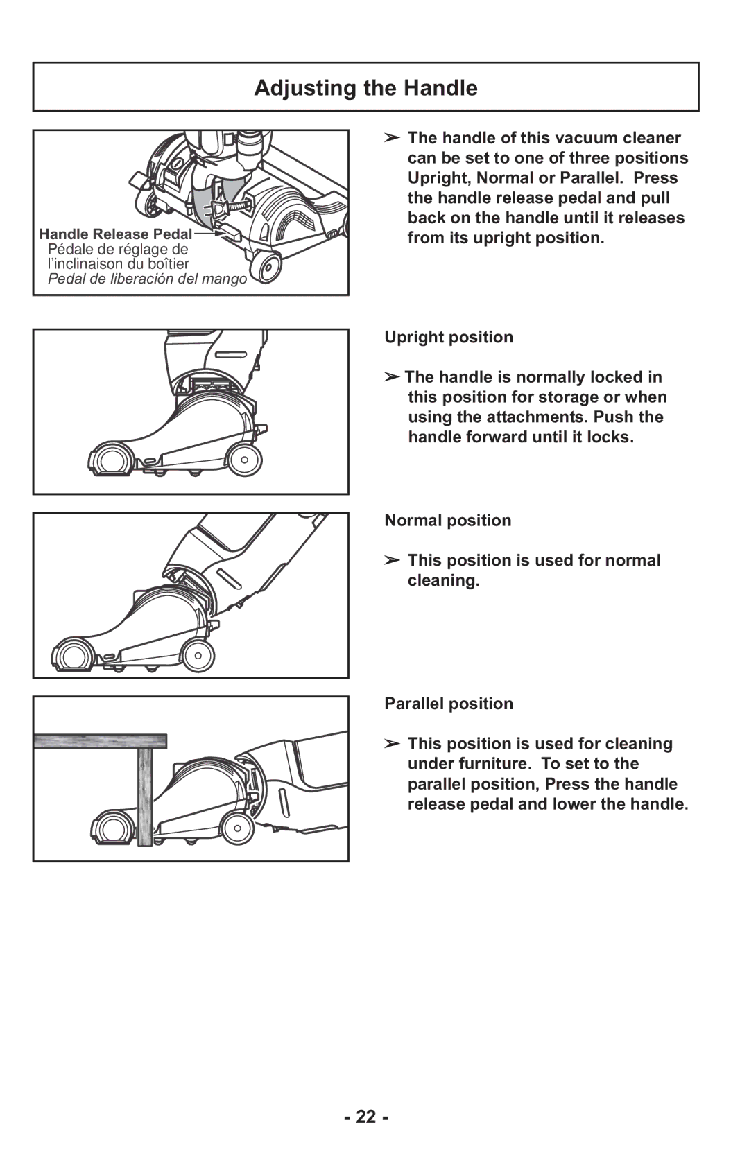 Panasonic MCUL815 operating instructions Adjusting the Handle 