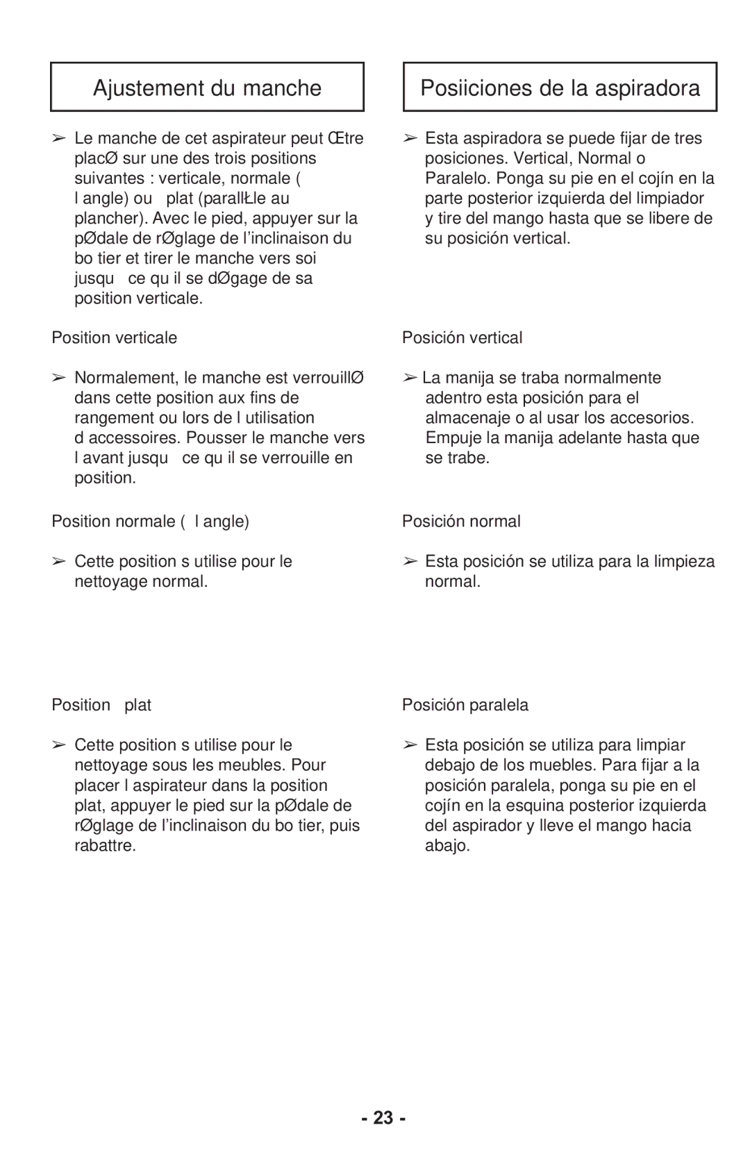 Panasonic MCUL815 operating instructions Posiiciones de la aspiradora 