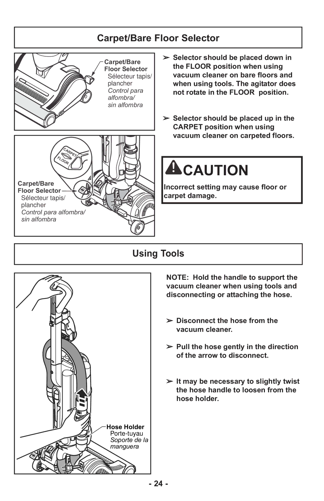 Panasonic MCUL815 operating instructions Carpet/Bare Floor Selector, Using Tools 