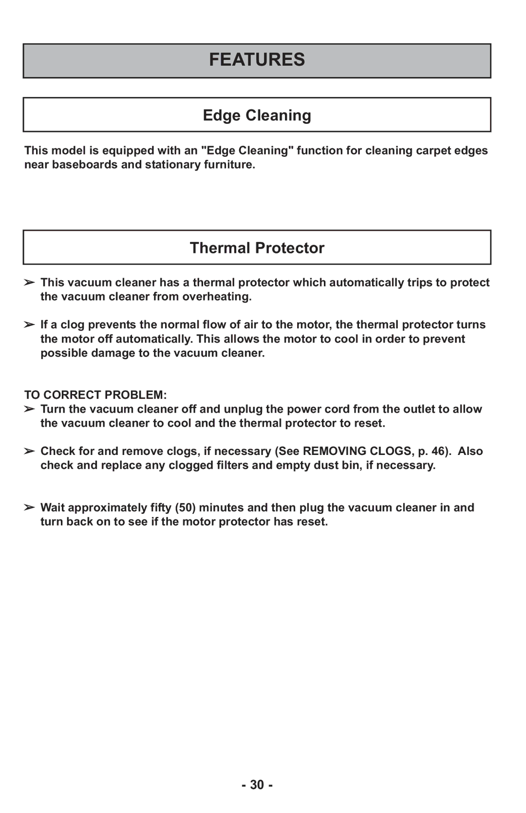 Panasonic MCUL815 operating instructions Edge Cleaning, Thermal Protector 