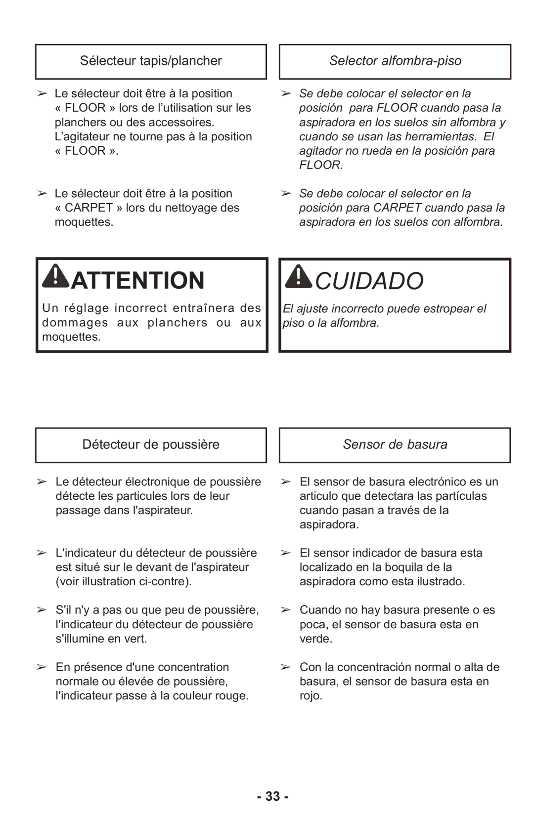 Panasonic MCUL815 operating instructions Détecteur de poussière, Sensor de basura 