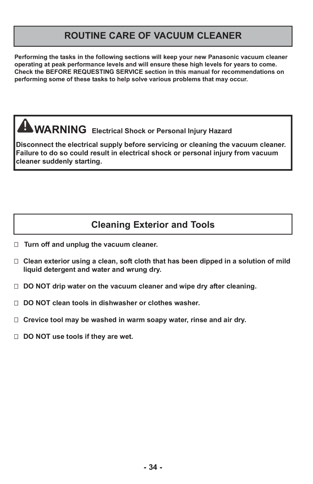 Panasonic MCUL815 operating instructions Routine Care of Vacuum Cleaner, Cleaning Exterior and Tools 