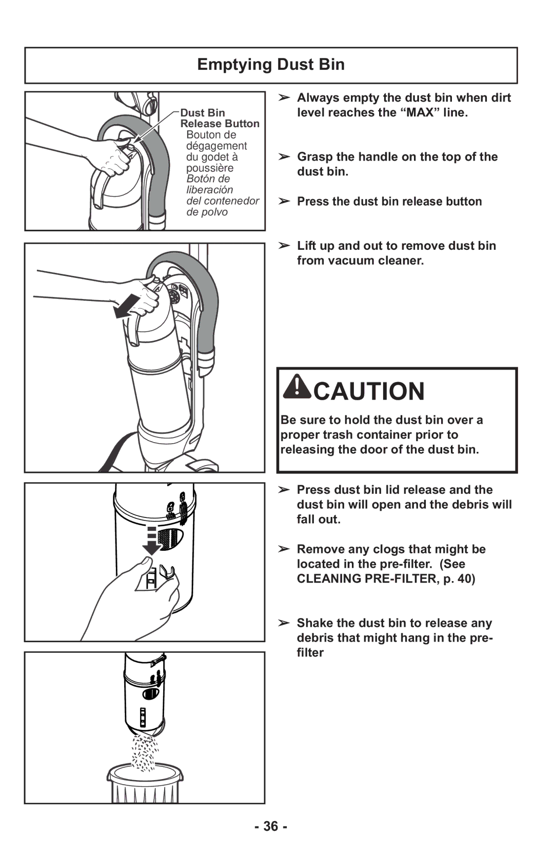 Panasonic MCUL815 operating instructions Emptying Dust Bin 