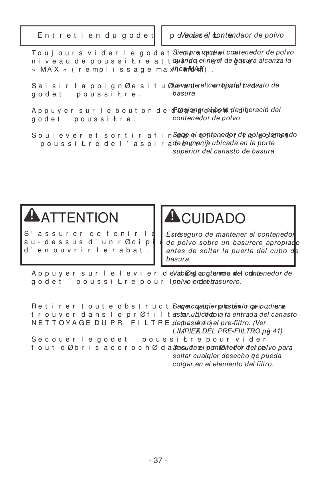 Panasonic MCUL815 operating instructions Entretien du godet à poussière, Vaciar el contendaor de polvo 