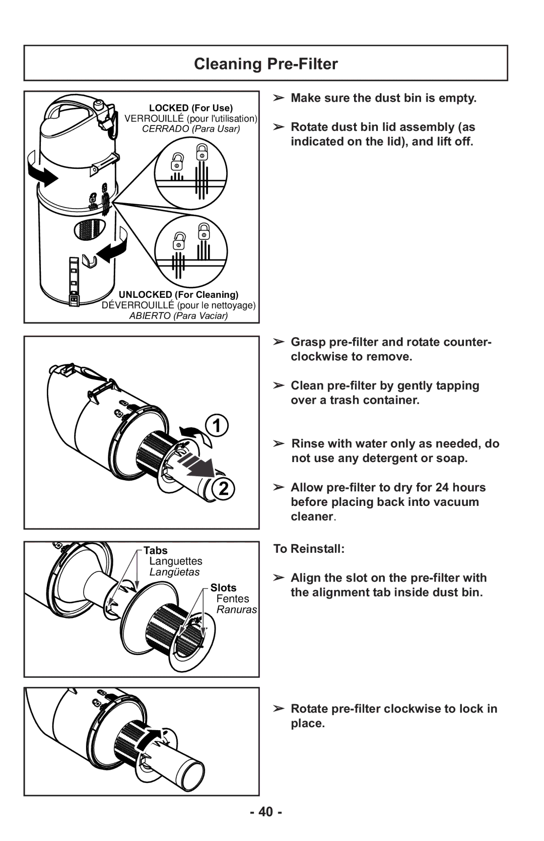 Panasonic MCUL815 operating instructions Cleaning Pre-Filter 