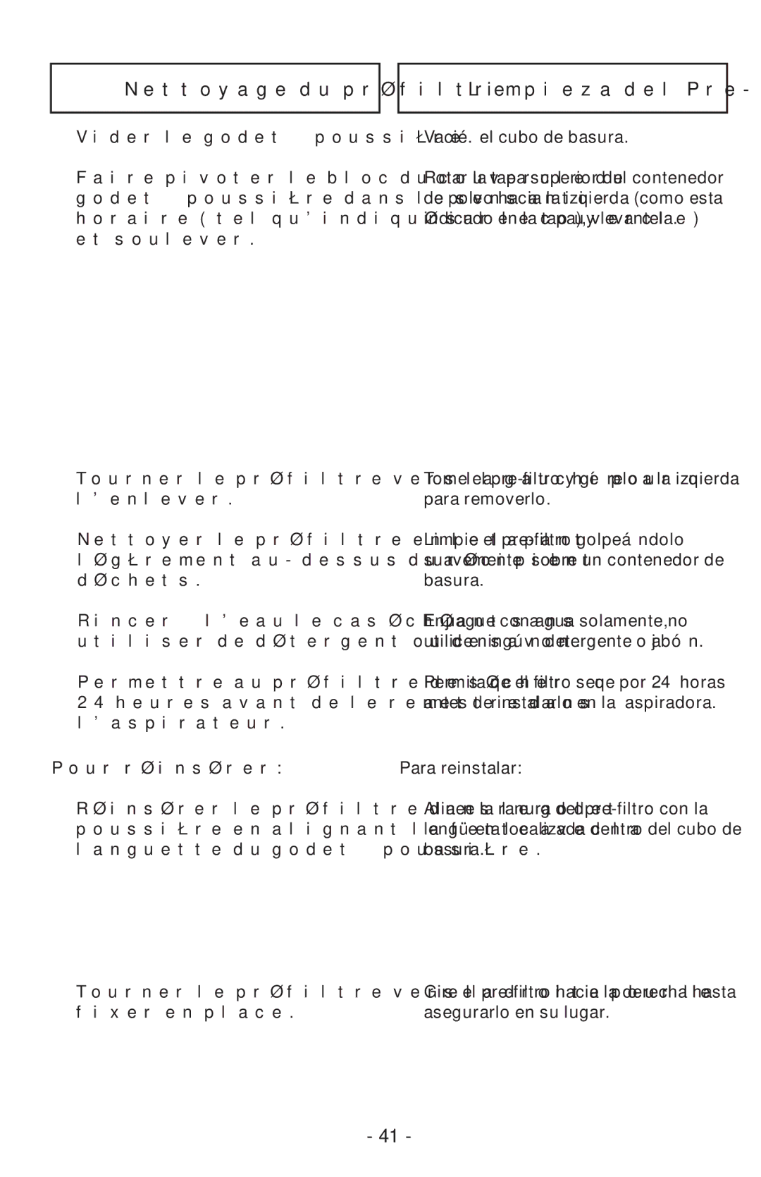 Panasonic MCUL815 operating instructions Nettoyage du préfiltre Limpieza del Pre-Filtro 