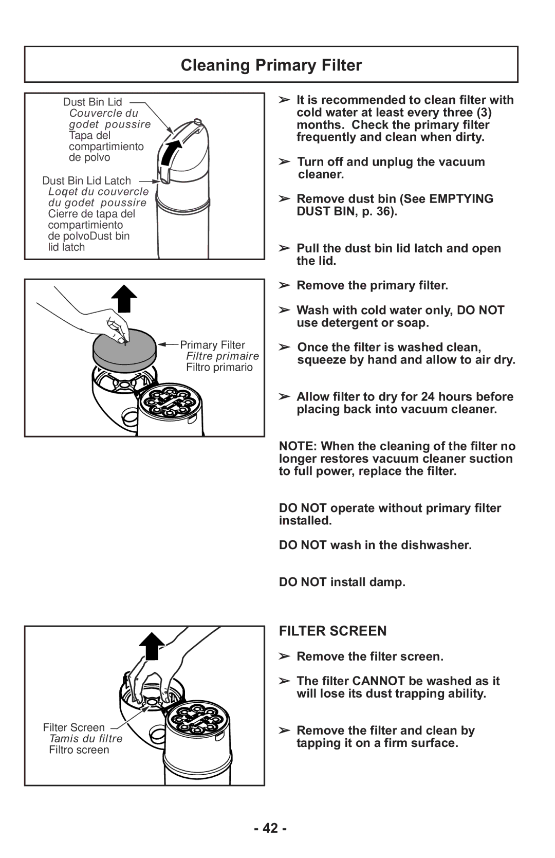 Panasonic MCUL815 operating instructions Cleaning Primary Filter, Filter Screen 