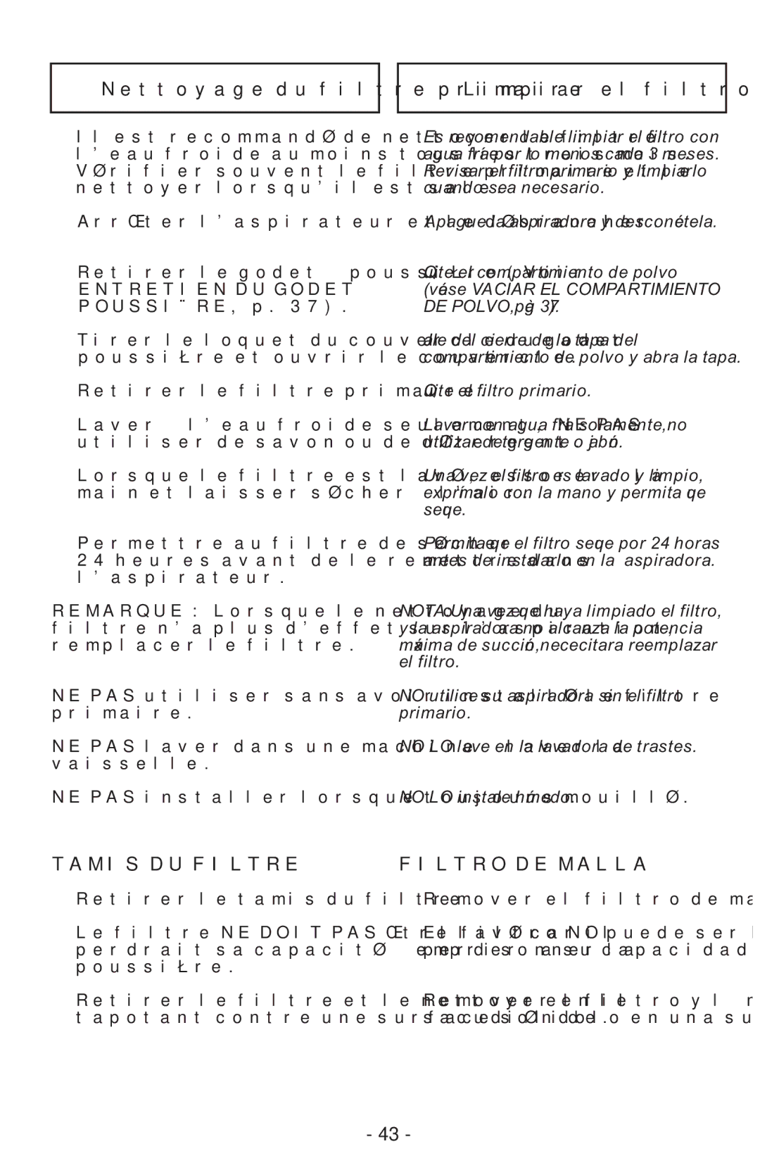 Panasonic MCUL815 operating instructions Nettoyage du filtre primaire Limpiar el filtro primario, Tamis DU Filtre 